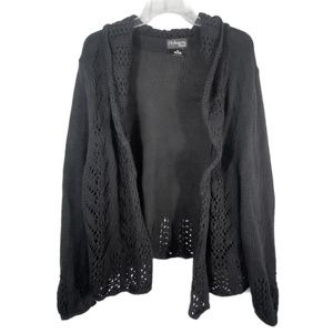 Black Long Sleeve Cardigan Crochet Detail Cotton Blend Open Front Shawl Collar
